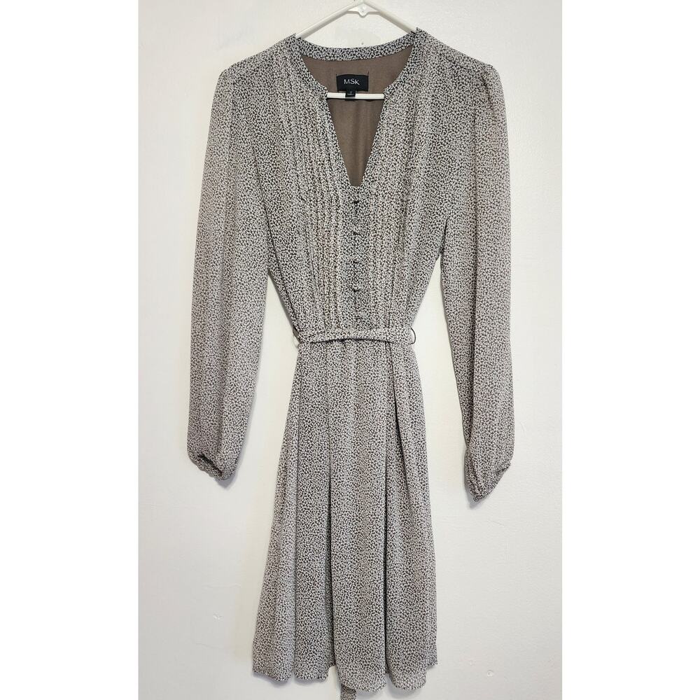 MSK Taupe and Cream Long Sleeve Belted Ditsy Print Midi Dress Size  12